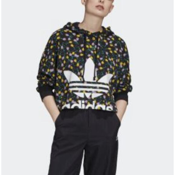 Adidas Yellow and Purple Floral 100% Cotton Oversized Crop Hoodie • Size S ⬇️ - Picture 1 of 4